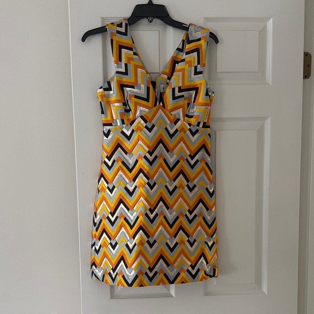 Milly Zigzag Chevron Mini Dress in Yellow, Black, White, Gray
